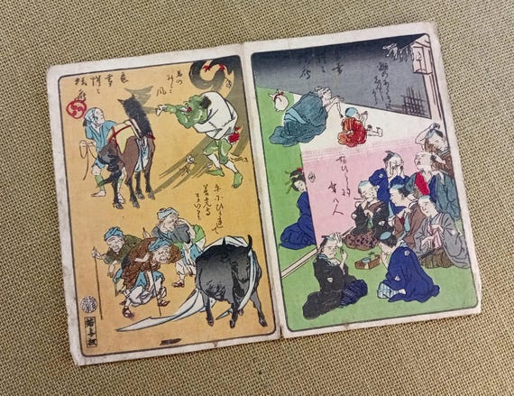 Kawanabe Kyosai Antique woodblock print Kyosai Hyakuzu – two-scene sheet