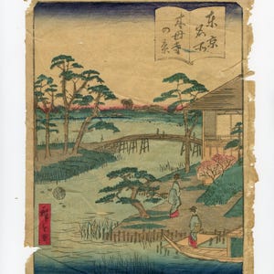 Utagawa Hiroshige, antieke Japanse houtsnede, Mokuboji-tempel - honderd beroemd uitzicht op Edo, authentiek, Ukiyo-e, houtsnede