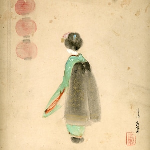 Sumi-e japonés antiguo, Ukiyo-e, pintura original, Edo-Meiji, dibujo a tinta sobre shikishi, arte asiático, minimalismo #833, colgante de pared