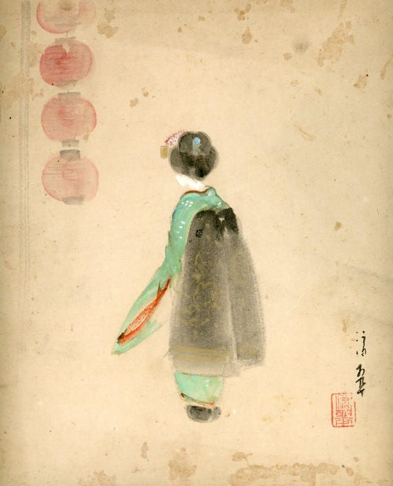 Antique Japanese Sumi-e, Ukiyo-e, Original Painting, Edo-Meiji, Ink Drawing on Shikishi, Asian Art, Minimalism #833 Wall Hanging