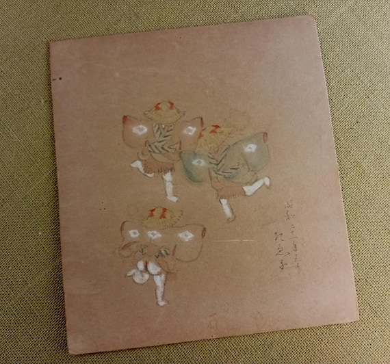 Antique Taishō–early Shōwa Japanese painting shikishi – small genre composition