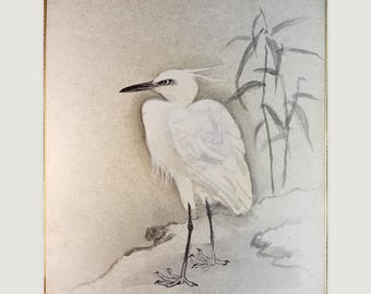 Witte reiger aan de waterkant – Vintage Japanse Sumi-e Shikishi-schilderij