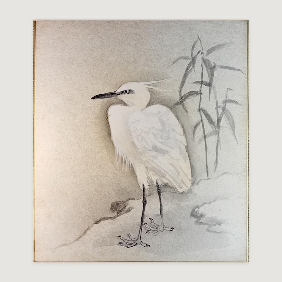 White Heron at the Water’s Edge – Vintage Japanese Sumi-e Shikishi Painting