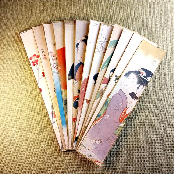 Vintage early Shōwa Japanese printed tanzaku set - bijinga & nature, 12 pieces
