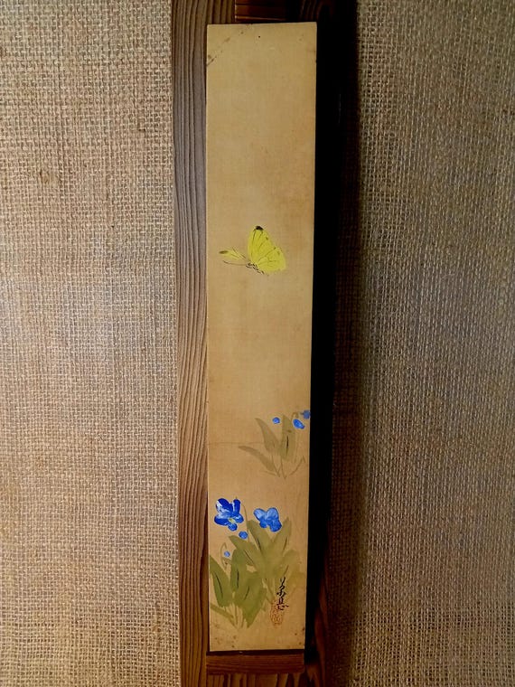 Antique Japanese Tanzaku, Ink Painting on silk, Original Drawing, Sumi-e, Ukiyo-e, Minimalism Art, Wall Hanging