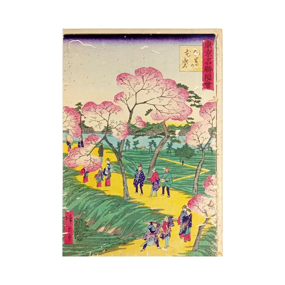 Cherry Blossoms in Full Bloom at Mukojima – Hiroshige III Woodblock Print – Famous Views of Tokyo, 1869