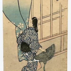 Antieke Japanse houtsnede ukiyo-e — Bijin-ga uit de Edo-periode &quot;Spring Breeze & Peony&quot; | Originele 18e-eeuwse kunst