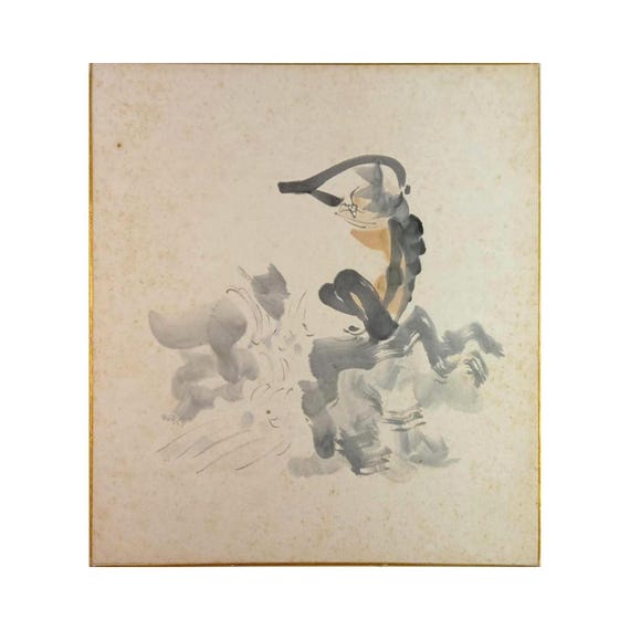 Ozumi – “Water Yokai Kappa” – Japanese Sumi-e Painting on Shikishi, 1960s