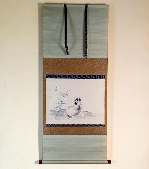Puppy Among Flowers — Japanese Ink and Color Kakejiku, 20th Century #951