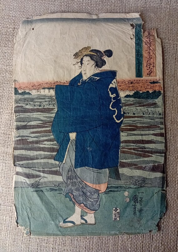 Antique Japanese woodblock print, Utagawa Kuniyoshi, Genuine, Edo, Ukiyo-e, Woodcut, Full size
