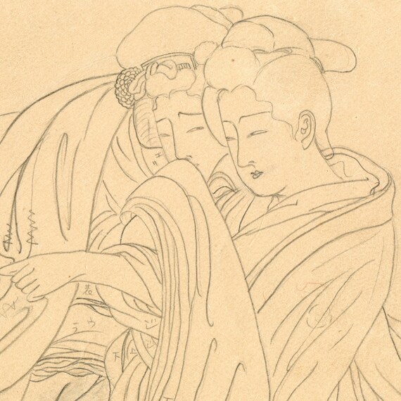 Genuine Antique Shunga, Japanese Drawings c.1930, Showa period, Ukiyo-e, Edo school