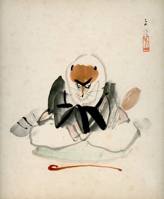 Antique (Vintage) Japanese Sumi-e, Original Painting 1920s-1950s Shōwa period, Ink Drawing on Shikishi,  Minimalism #832, Tea-Kettle Raccoon