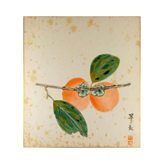 Vintage Shōwa Japanese ink and color shikishi – persimmon branch