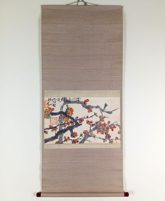 Vintage Japanese Scroll, Sumi-e, Ink Painting on washi, Kakejiku, Kakemono, Wall Hanging