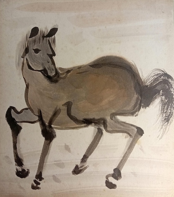 Vintage Japanese shikishi with an ink-and-wash horse study, early–mid Shōwa period