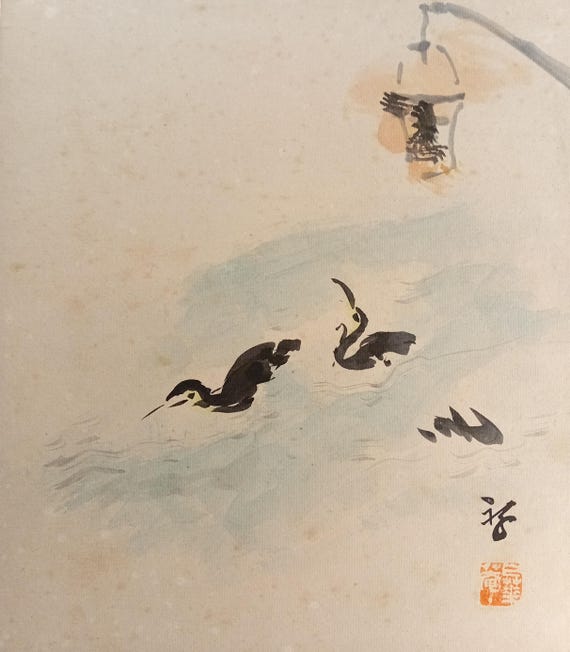 Vintage Taishō–Shōwa Japanese ink painting shikishi – “Cormorant Fishing at Night”