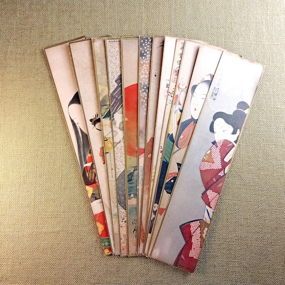 Vintage early Shōwa Japanese printed tanzaku set - bijinga, 12 pieces