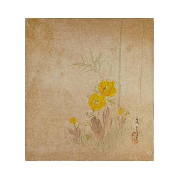 Spring Flowers – Japanese Ink and Color Shikishi Painting, Early Showa Period