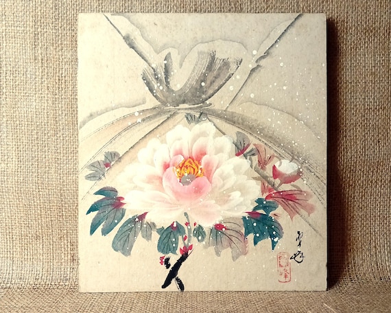 Antique Japanese Nihonga Painting on Shikishi | Peony in Snow | Taisho–Early Showa Era