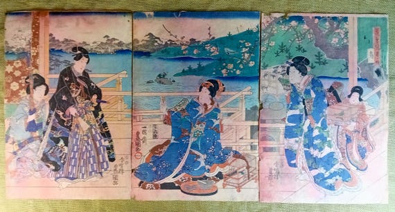 Antique Japanese woodblock prints, Original Triptych, Utagawa Kunisada (Toyokuni III), Edo period, Ukiyo-e, Bijin-ga, Woodcut