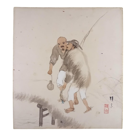 Japanese Fishermen – Vintage Shikishi Painting, Ink and Color, Early–Mid Showa Period