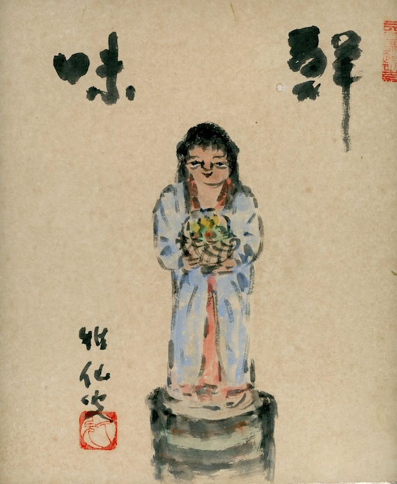 Antique (Vintage) Japanese Sumi-e, Original Painting 1920s-1950s Shōwa period, Ink Drawing on Shikishi,  Minimalism #832, Kannon