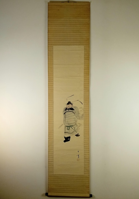 Vintage long vertical Shoki scroll, Japanese ink kakemono (kakejiku), Taishō–early Shōwa period #1804