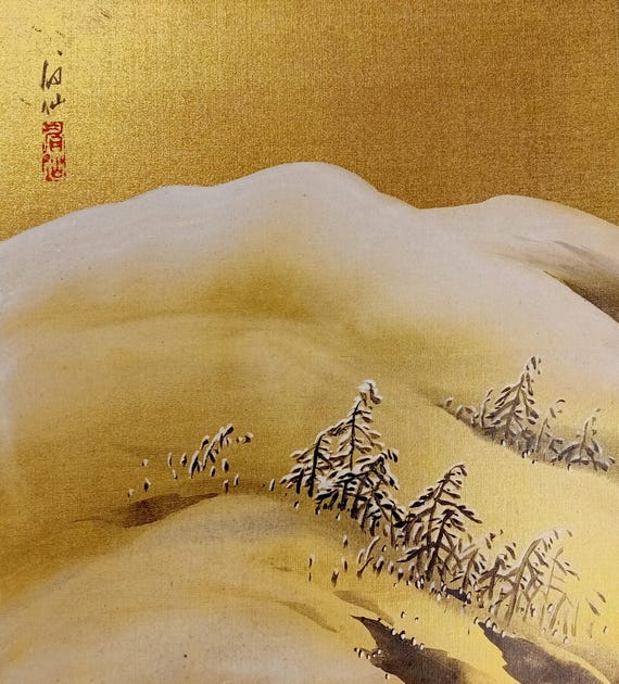 Vintage Shōwa Japanese silk shikishi – winter landscape