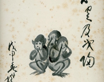 Vintage Japanese Sumi‑e “Three Wise Monkeys” on Shikishi – early to mid‑Showa period – Signed & Sealed Ink Painting