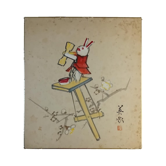 Vintage mid 20th century Japanese sumi ink shikishi - rabbit on ladder with plum blossoms