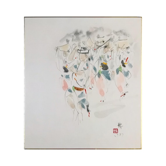 Motofuji Yoshiharu - Awa Odori - vintage Japanese painting on shikishi