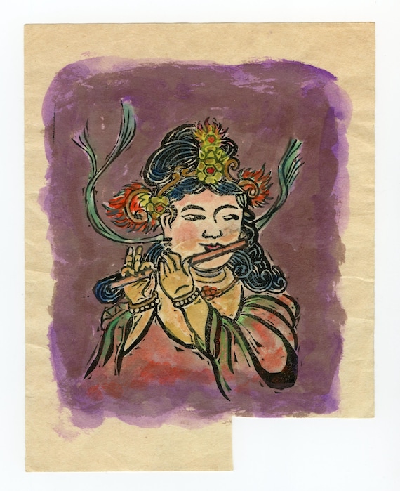 Vintage Japanese hand-painted woodblock print, Authentic, Buddhism, Woodcut