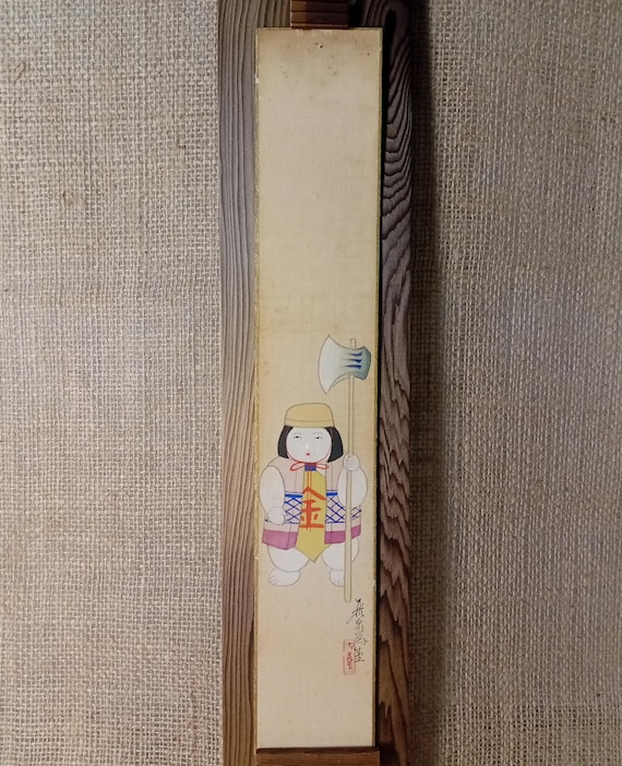 Antique Japanese Tanzaku, Ink Painting on silk, Original Drawing, Sumi-e, Ukiyo-e, Minimalism Art, Wall Hanging