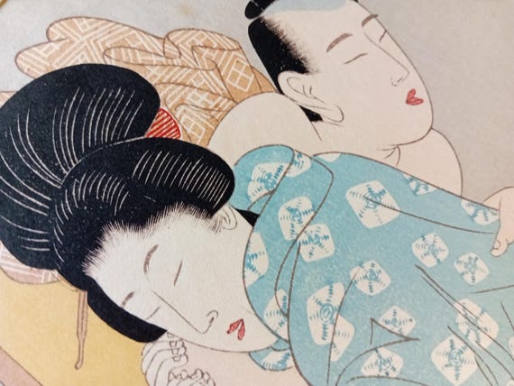 Vintage Japanese woodblock print, Authentic, Shunga, Woodcut