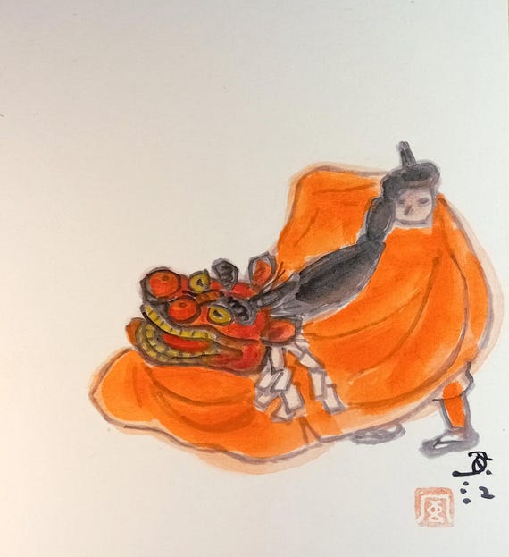 Nishigaki Fukou - “Festival: Inaba Kirin Jishi” - vintage Japanese painting on shikishi