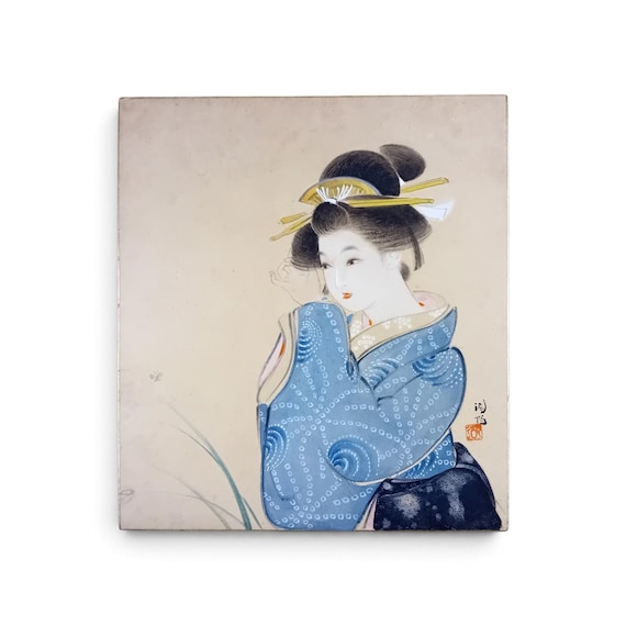 Vintage mid 20th century Japanese ink and color shikishi - beauty with butterfly
