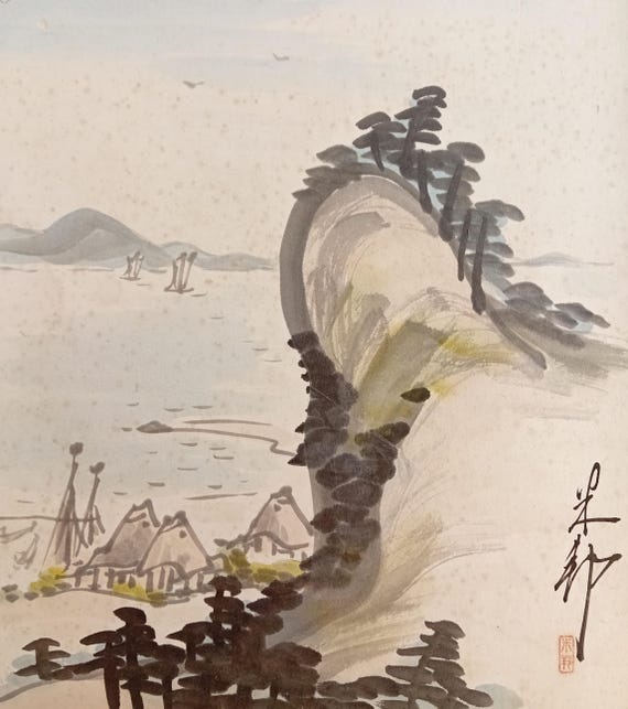 Vintage Shōwa Japanese ink painting shikishi – Coastal landscape