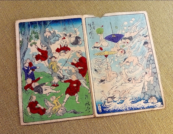 Kawanabe Kyosai – Antique late Edo early Meiji woodblock “Hyakuzu” Foreign Children at Play & Water Play