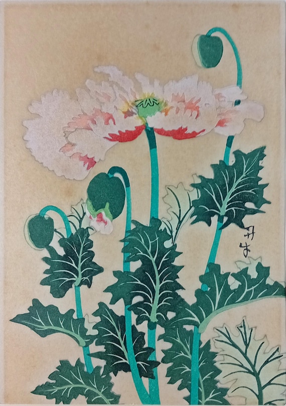 Signed Japanese Woodblock Print with Poppies, Vintage Showa Period Floral Art