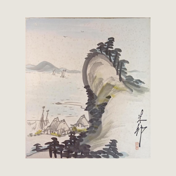Coastal landscape - Vintage Shōwa Japanese ink and light color painting shikishi