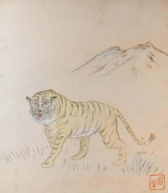 Vintage Japanese Sumi-e, Original Shikishi Ink Painting, Early-Mid 20th Century (Showa), Minimalism, Wall Hanging, Tiger With Blue Eyes