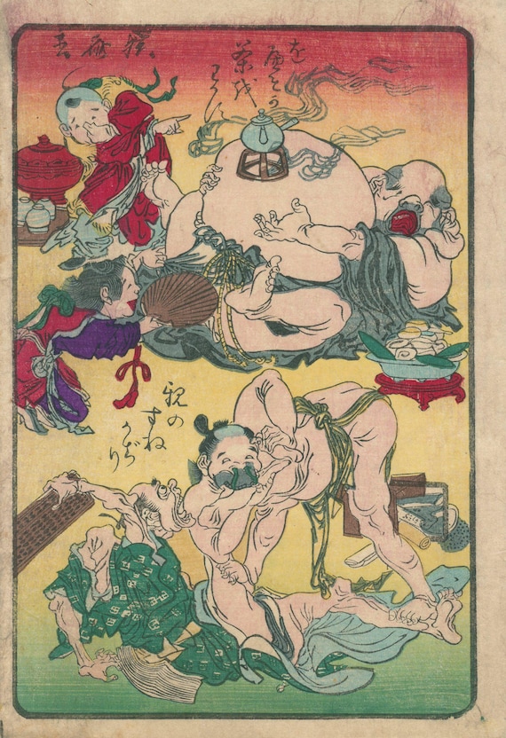 Kawanabe Kyosai woodblock “Boiling Navel Tea; Biting a Man’s Leg”, Edo satire 1863–66