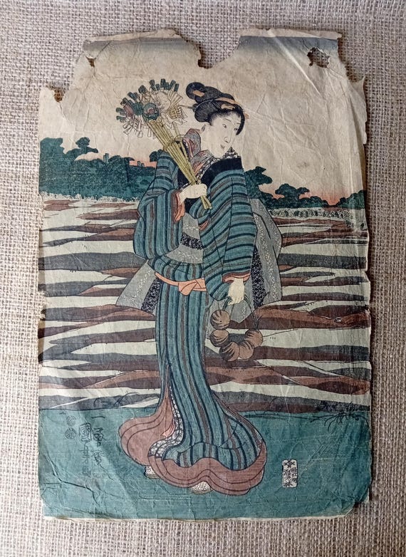 Antique Japanese woodblock print, Utagawa Kuniyoshi, Genuine, Edo, Ukiyo-e, Woodcut, Full size