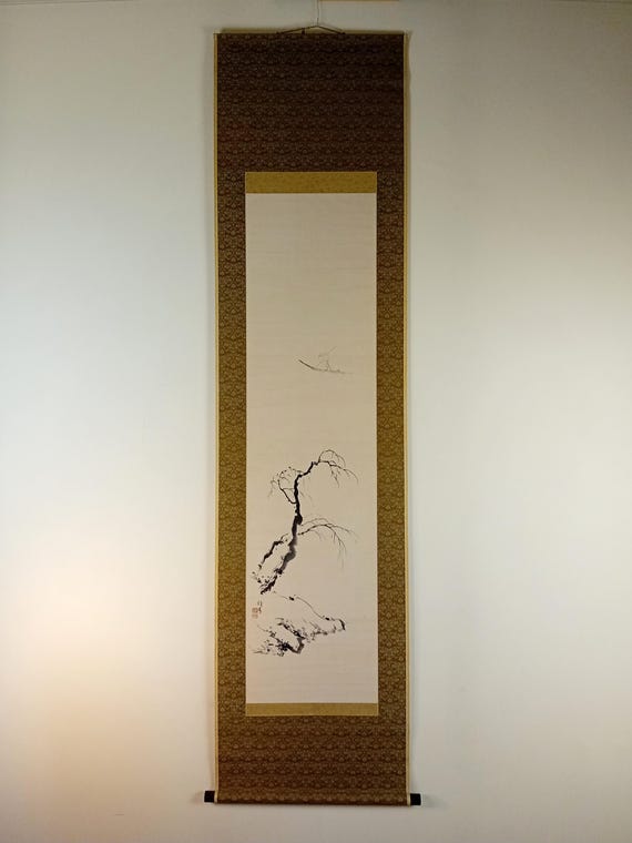 Vintage Japanese ink scroll “Solitary fisherman and winter tree”, kakemono (kakejiku), mid-Shōwa period #1809