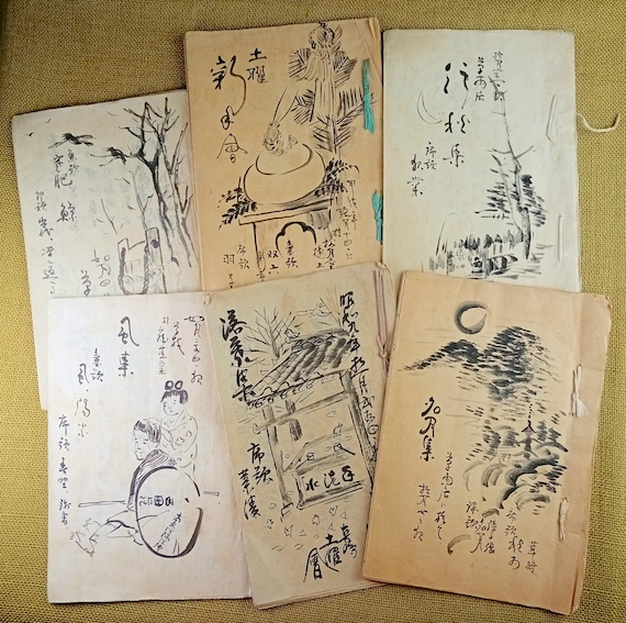 1934 Japanese Haiku Kukai Archive – 6 Manuscript Notebooks with Original Ink Drawings – Doyokai