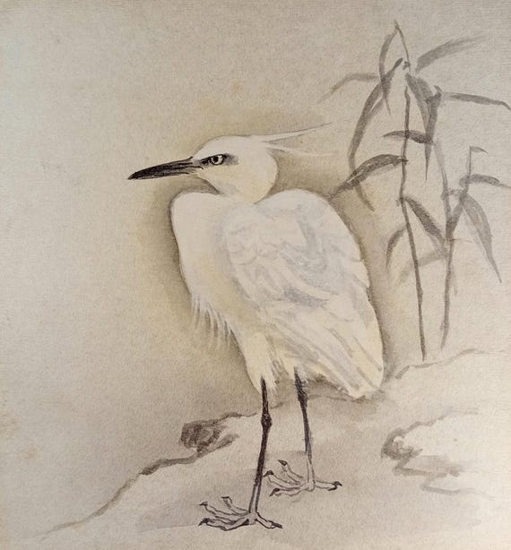 Vintage Shōwa Japanese ink shikishi – white heron by bamboo