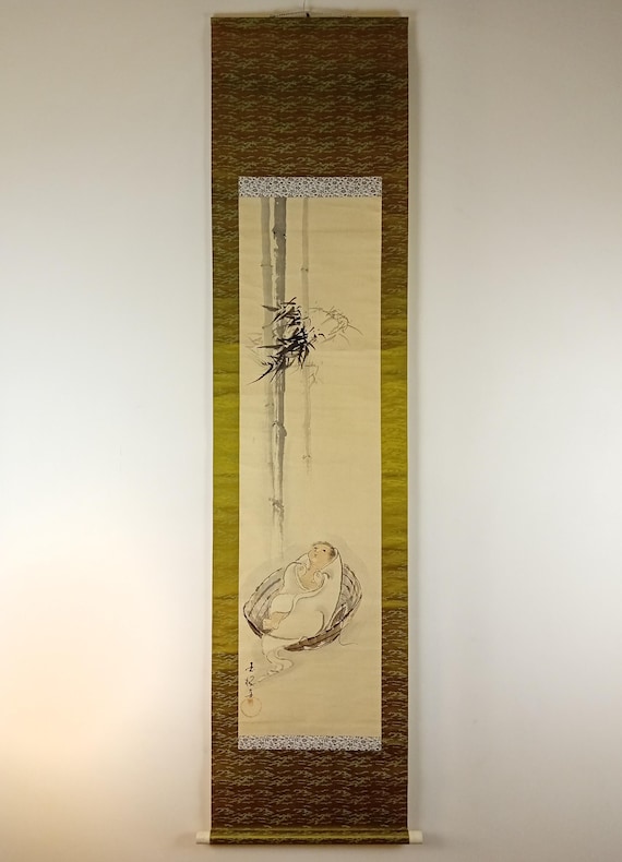 Vintage Japanese ink kakemono (kakejiku) — Baby in basket and bamboo, Shōwa period #1806