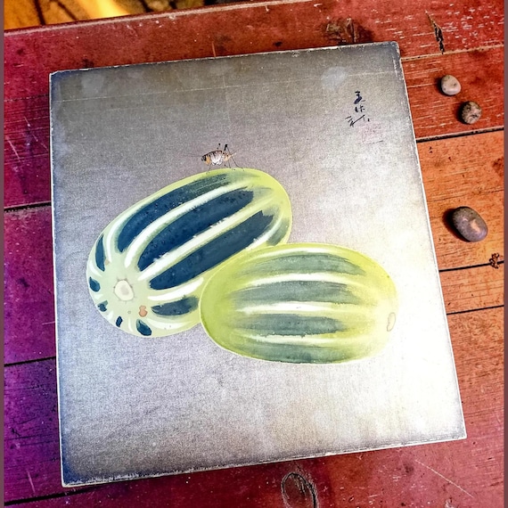 Cricket and Striped Melons – Silk Painting on Shikishi – Japanese Painting, Early–Mid Showa Period