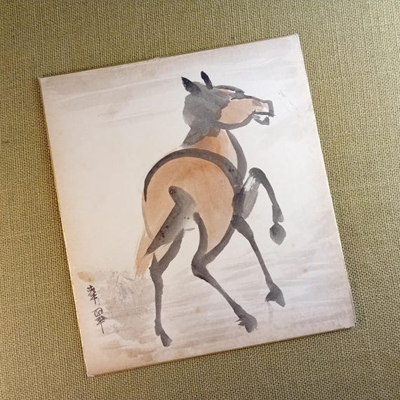 Vintage mid Showa Japanese sumi ink shikishi - horse with light color