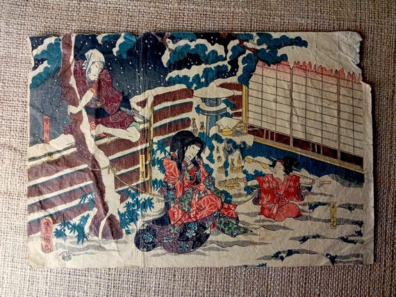 Antique Japanese woodblock print, Utagawa Kunisada, Genuine, Edo, Ukiyo-e, Woodcut, Full size